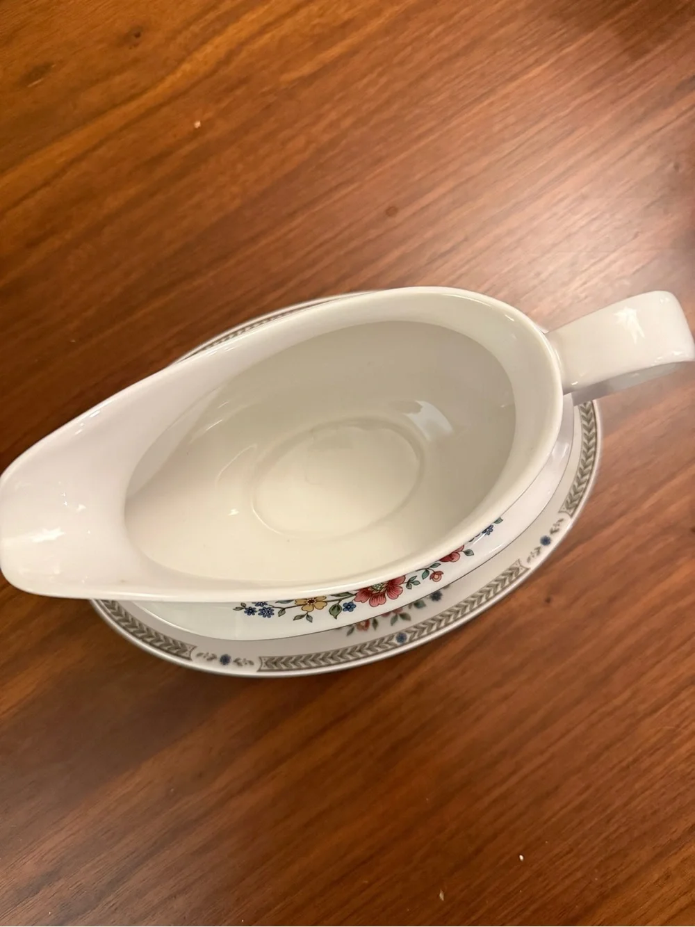 Royal Doulton White Gravy Boat and Platter with Red and Green Floral Motif